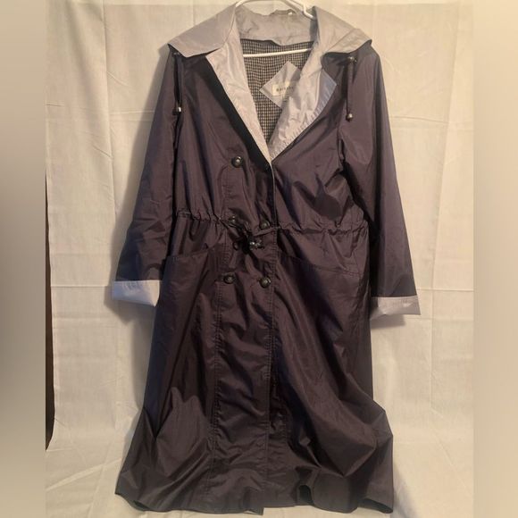 Rain Shredder Vintage Metallic hooded Double Button Up Trench Coat - Picture 1 of 8